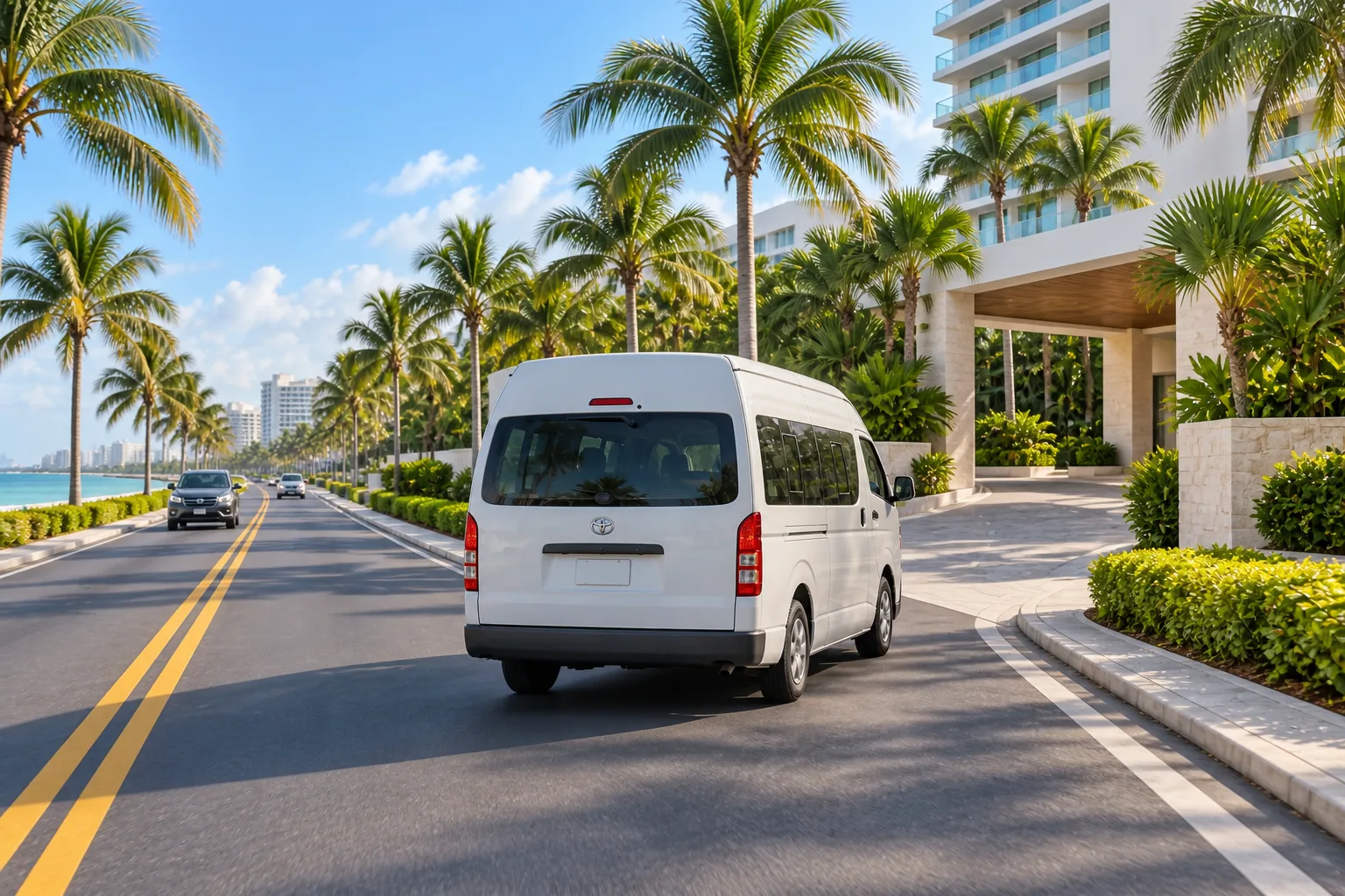 Van blanca avanzando por el carril derecho hacia la entrada de un resort en Cancún